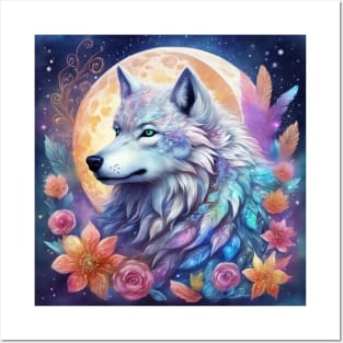 Mystical Wolf with Flowers, Full Moon, Colorful, Beautiful Posters and Art